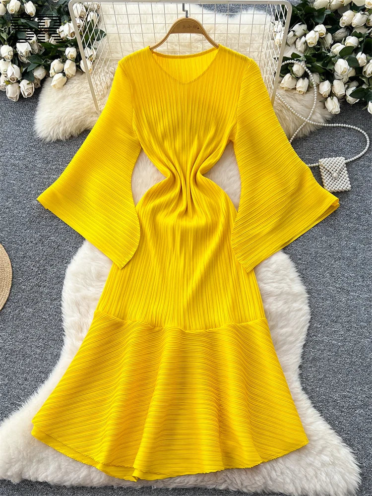 Pleated Flare Sleeve Midi Dress