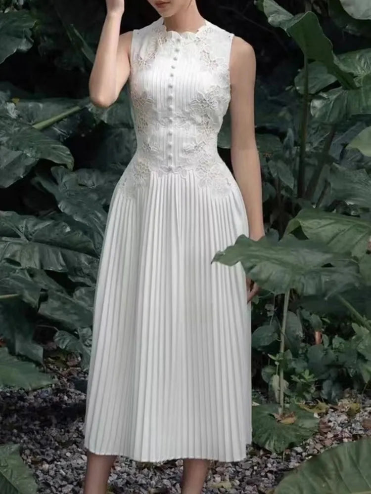 Elegant Lace Pleated Midi Dress