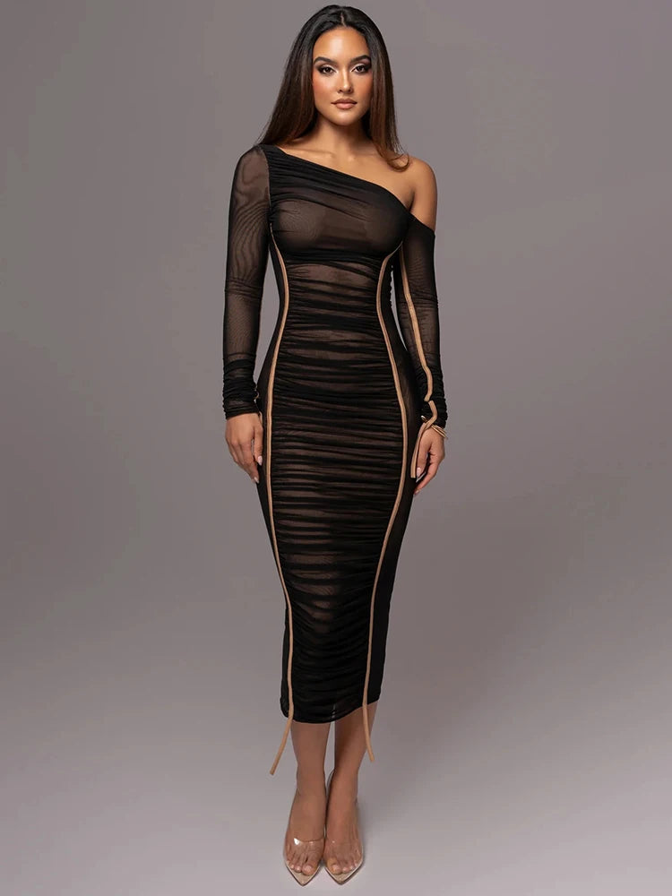One-Shoulder Contour Mesh Dress