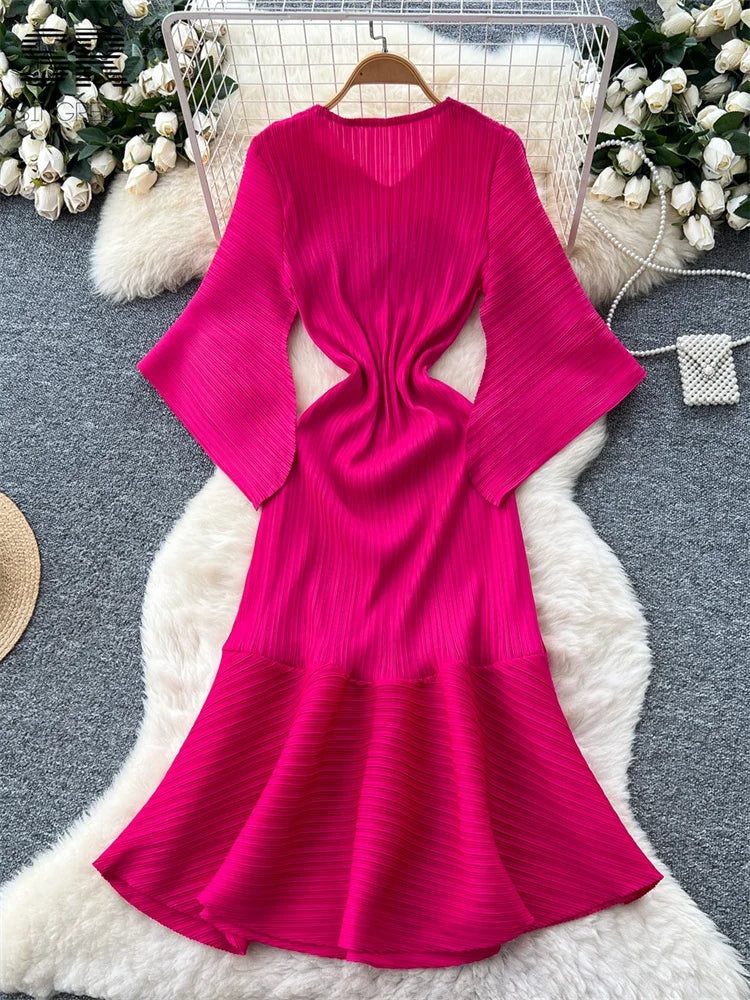 Pleated Flare Sleeve Midi Dress