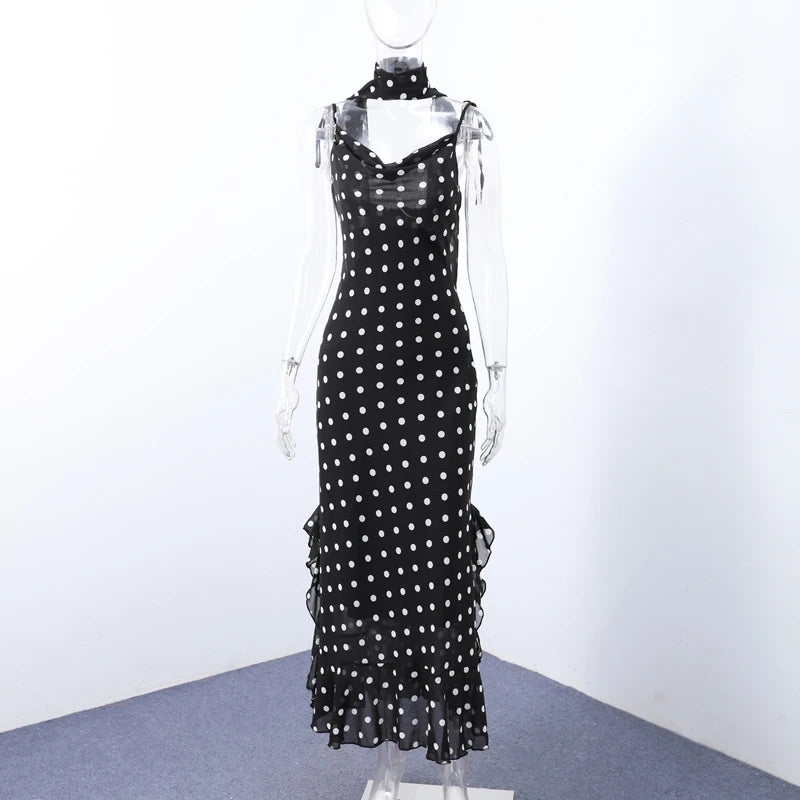 Midnight Polka Dot Ruffle Maxi Dress