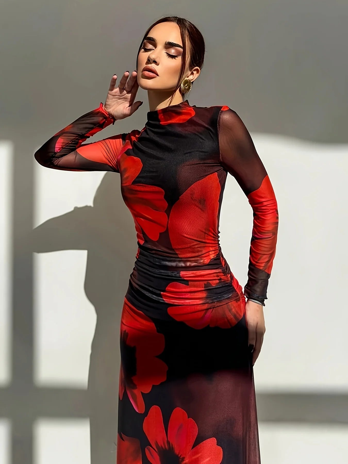 Floral Mesh Bodycon Maxi Dress