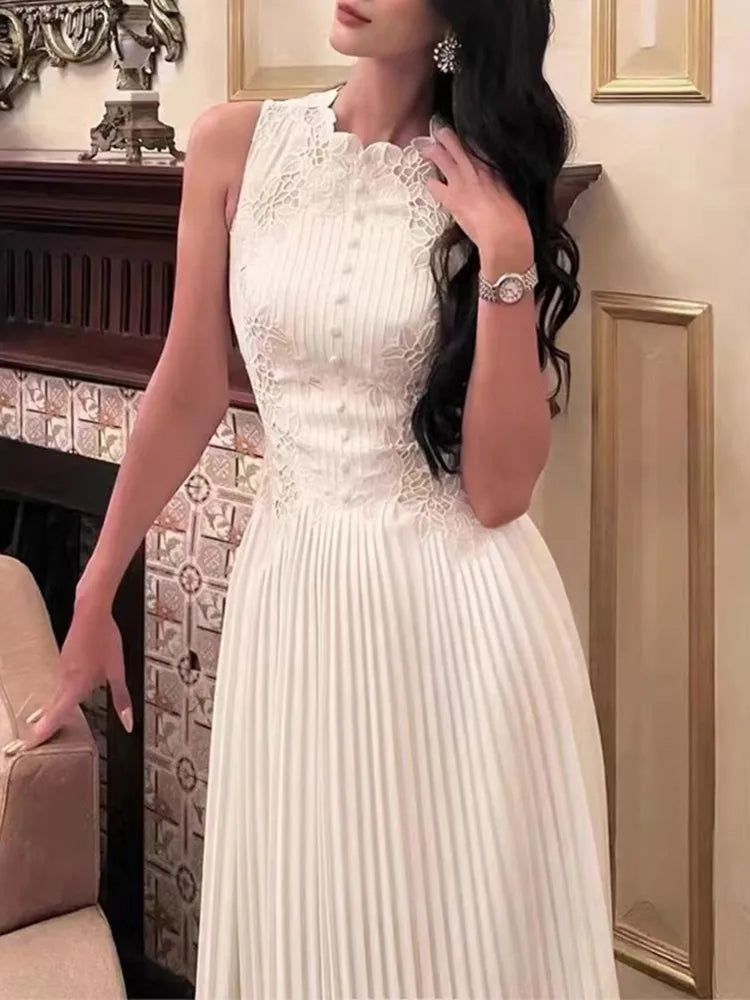 Elegant Lace Pleated Midi Dress