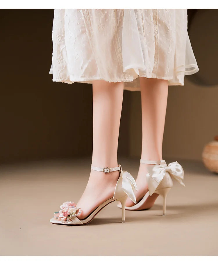 Floral Bow Ankle Strap Heels