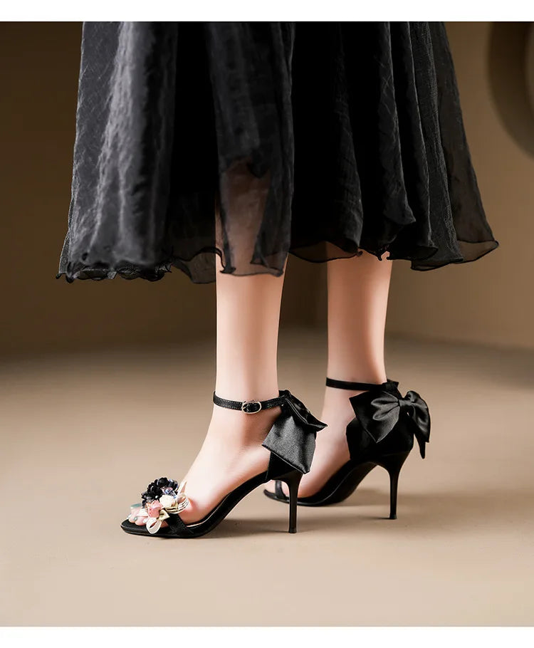 Floral Bow Ankle Strap Heels