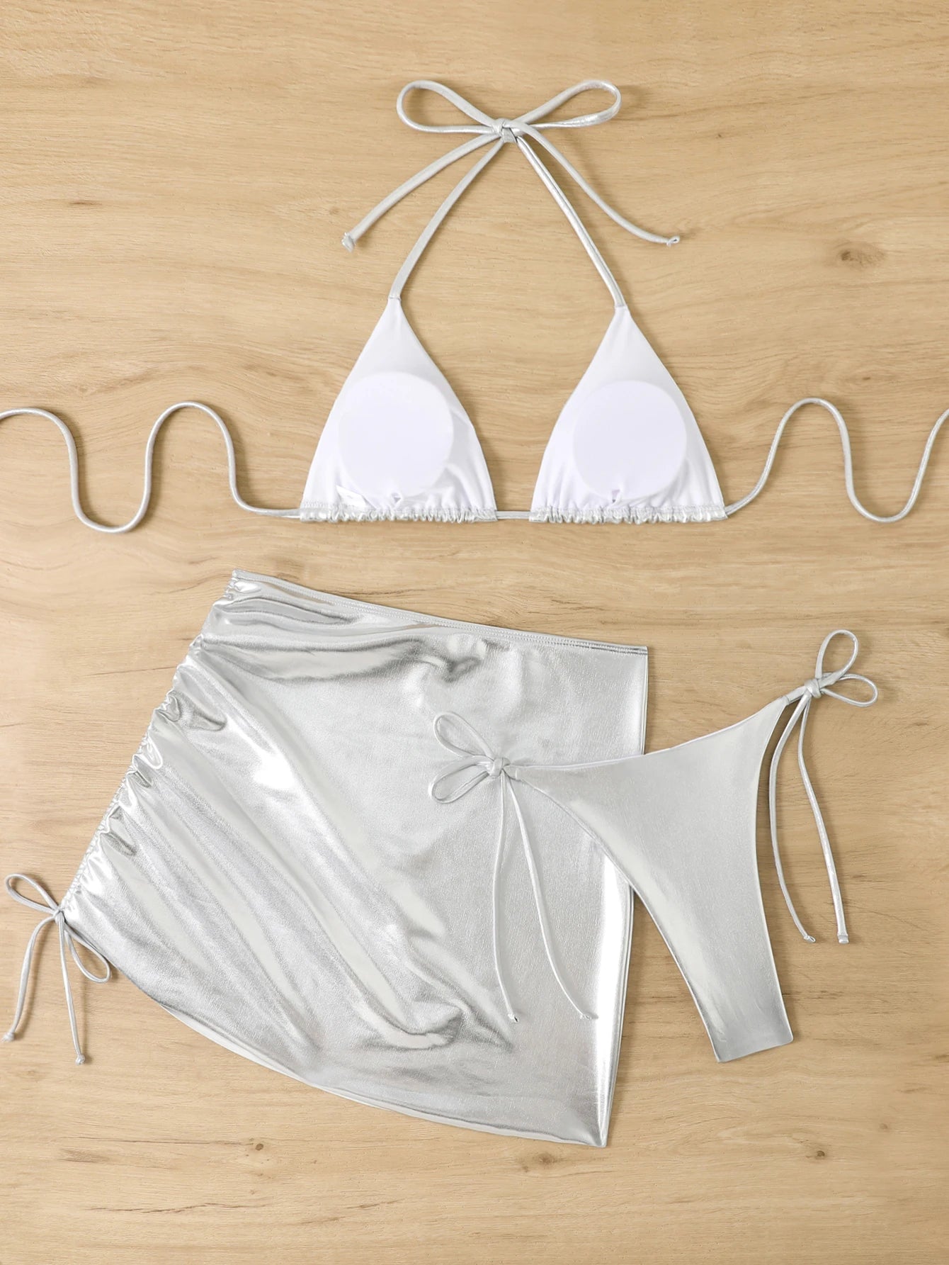 Glossy Triangle Bikini with Ruched Skirt