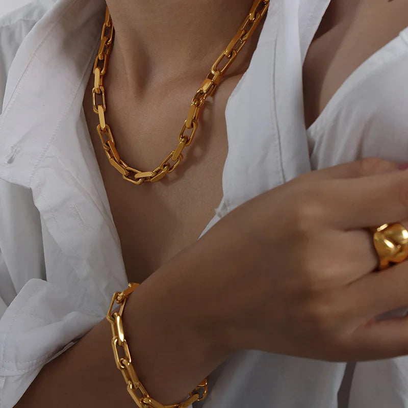 Gold Link Chain Necklace & Bracelet Set