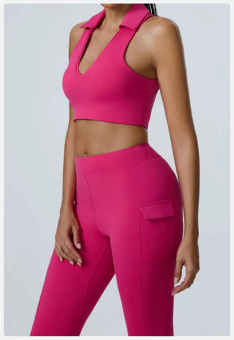 Collared V-Neck Crop Top & Pocket Leggings Set