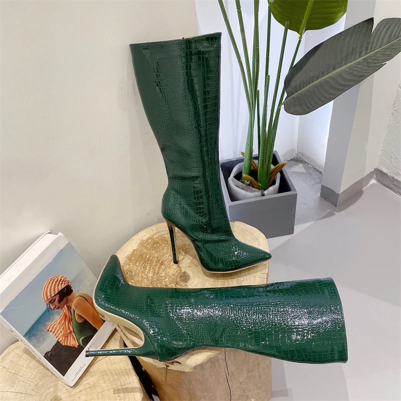 Knee-High Faux Croc Stiletto Boots