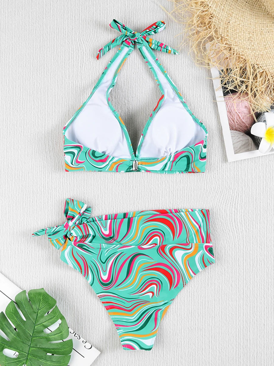 Swirl High-Waist Halter Bikini Set