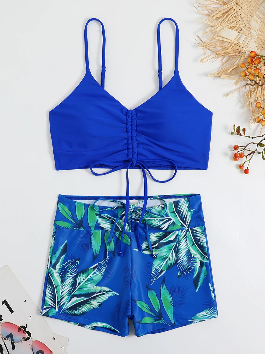 Striped Drawstring Bikini Set with Shorts