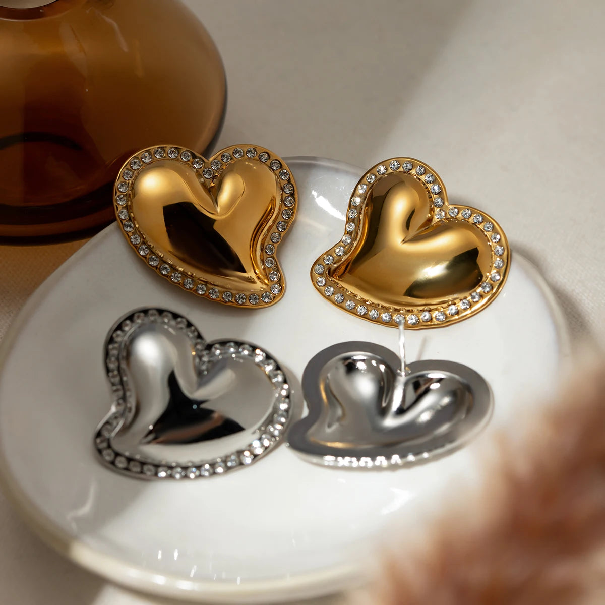 Puffed Heart Pavé Stud Earrings
