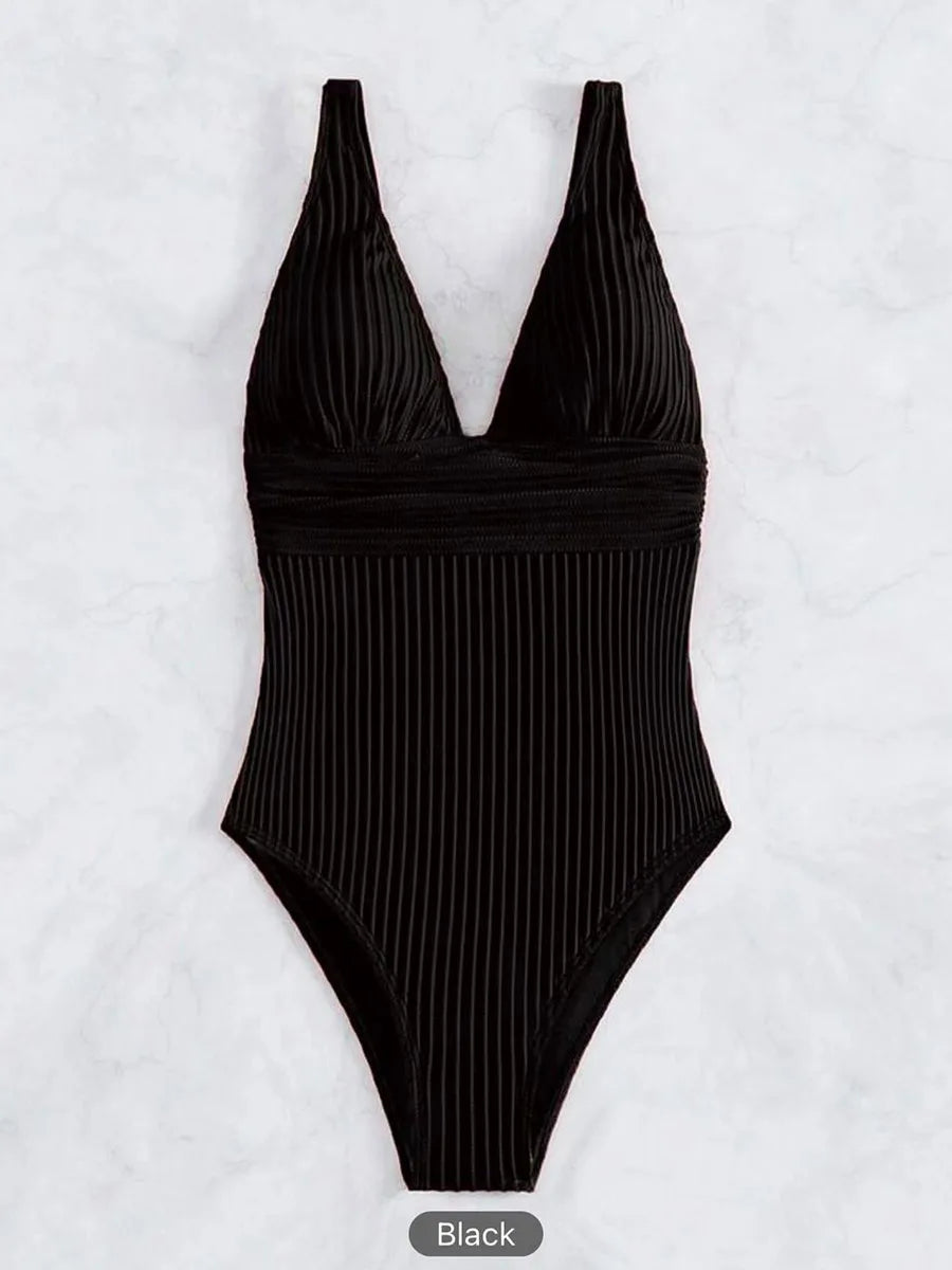 Ribbed V-Neck One-Piece Swimsuit