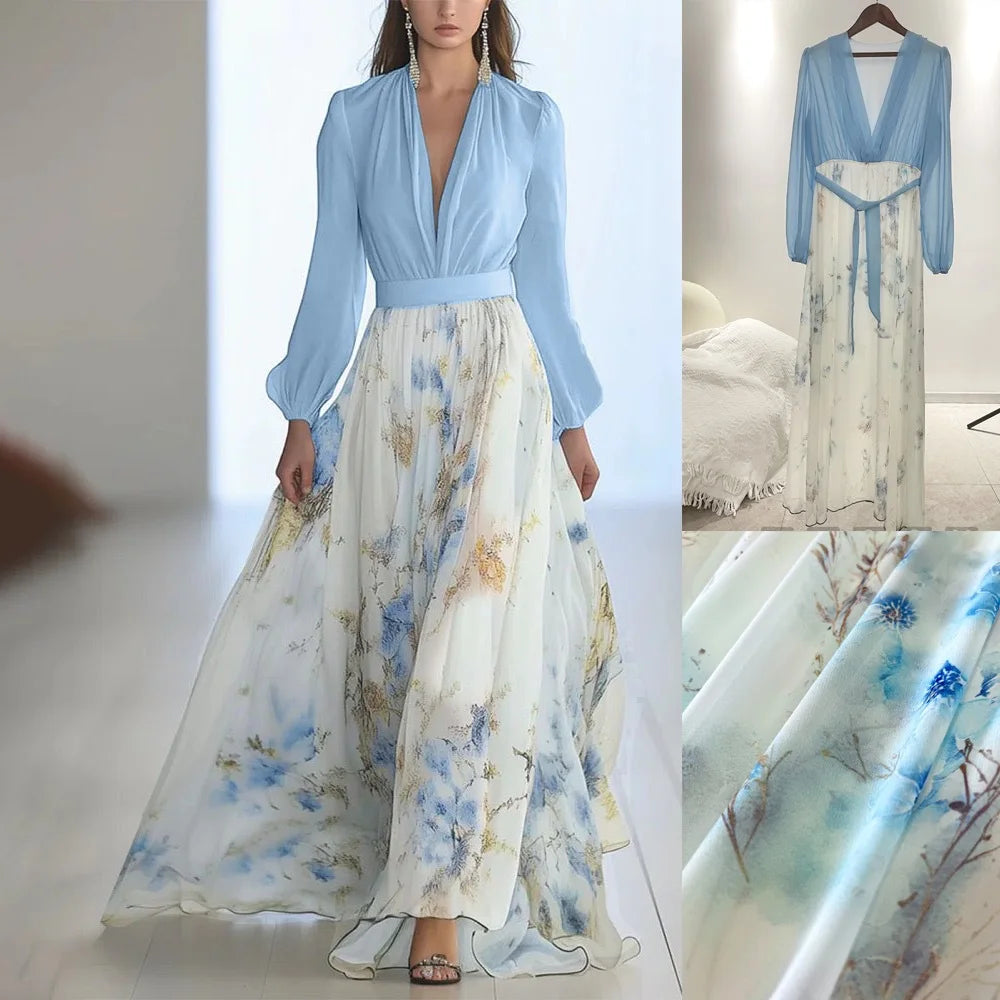 Blue Blossom Chiffon Maxi Dress