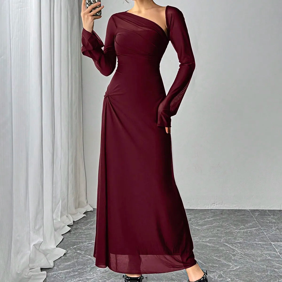 Asymmetrical Sheer Sleeve Evening Gown