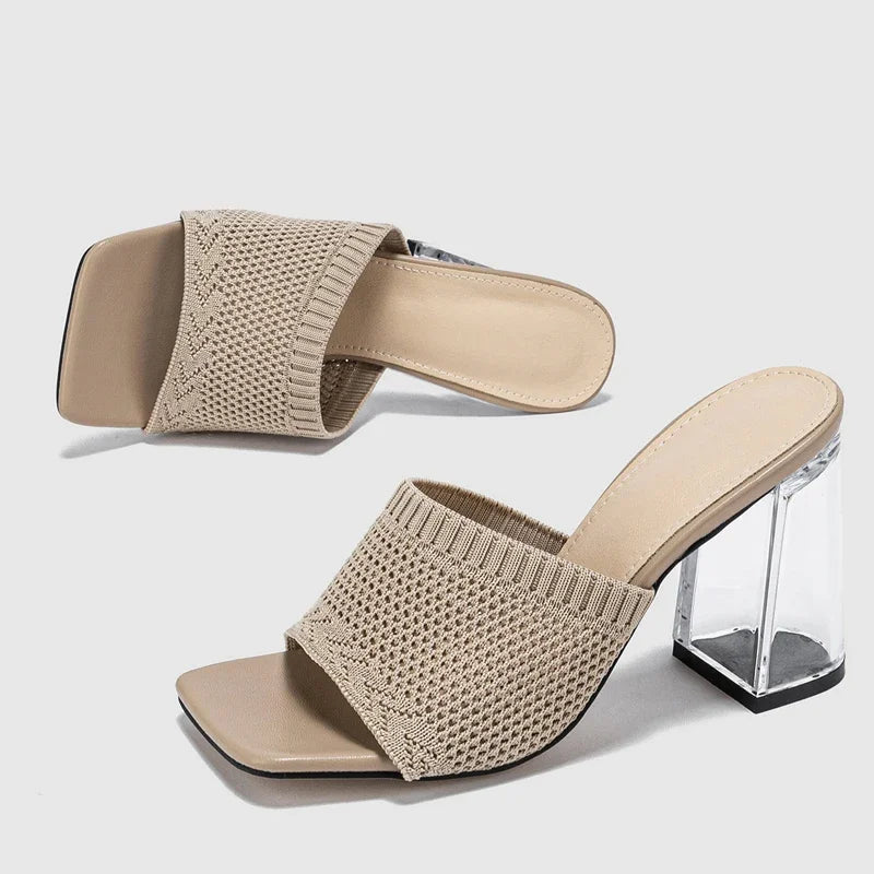 Clear Block Heel Knit Sandals
