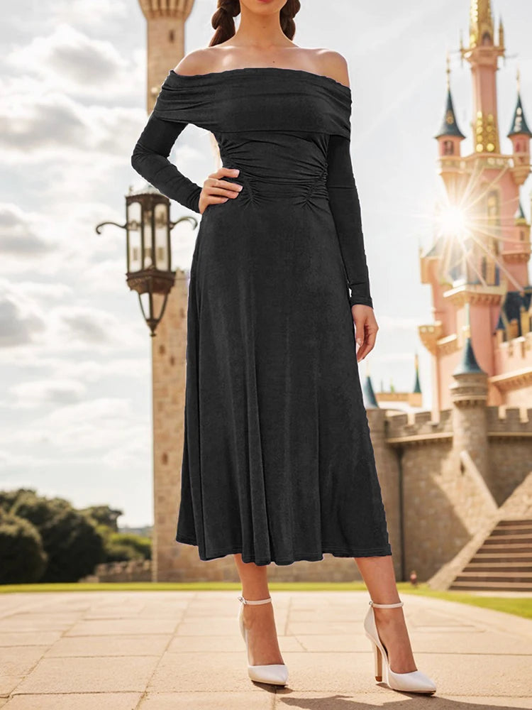 Off-Shoulder Long Sleeve Midi Dress