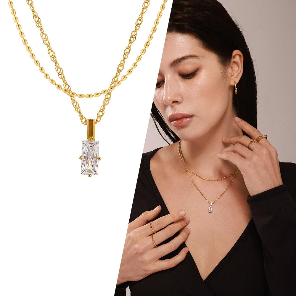 Minimalist Layered Baguette Pendant Necklace