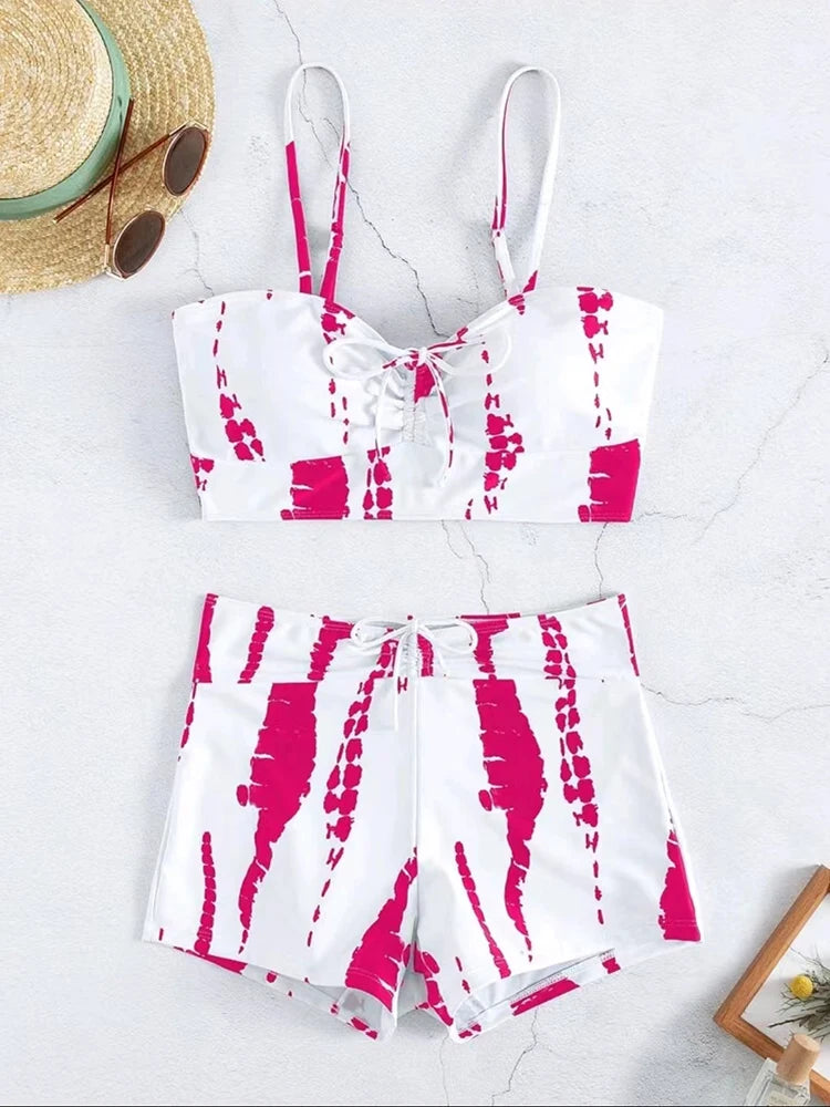 Striped Drawstring Bikini Set with Shorts