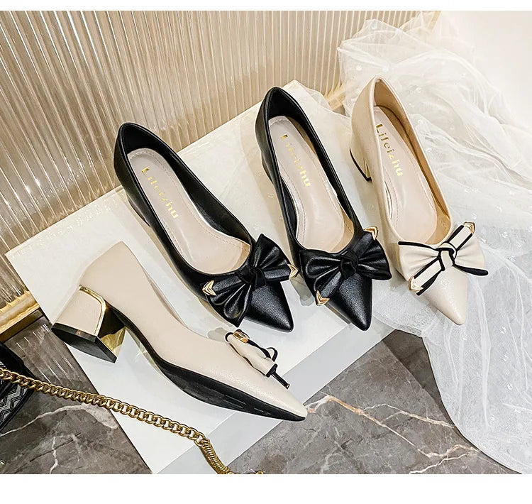 Bow Accent Block Heel Pumps