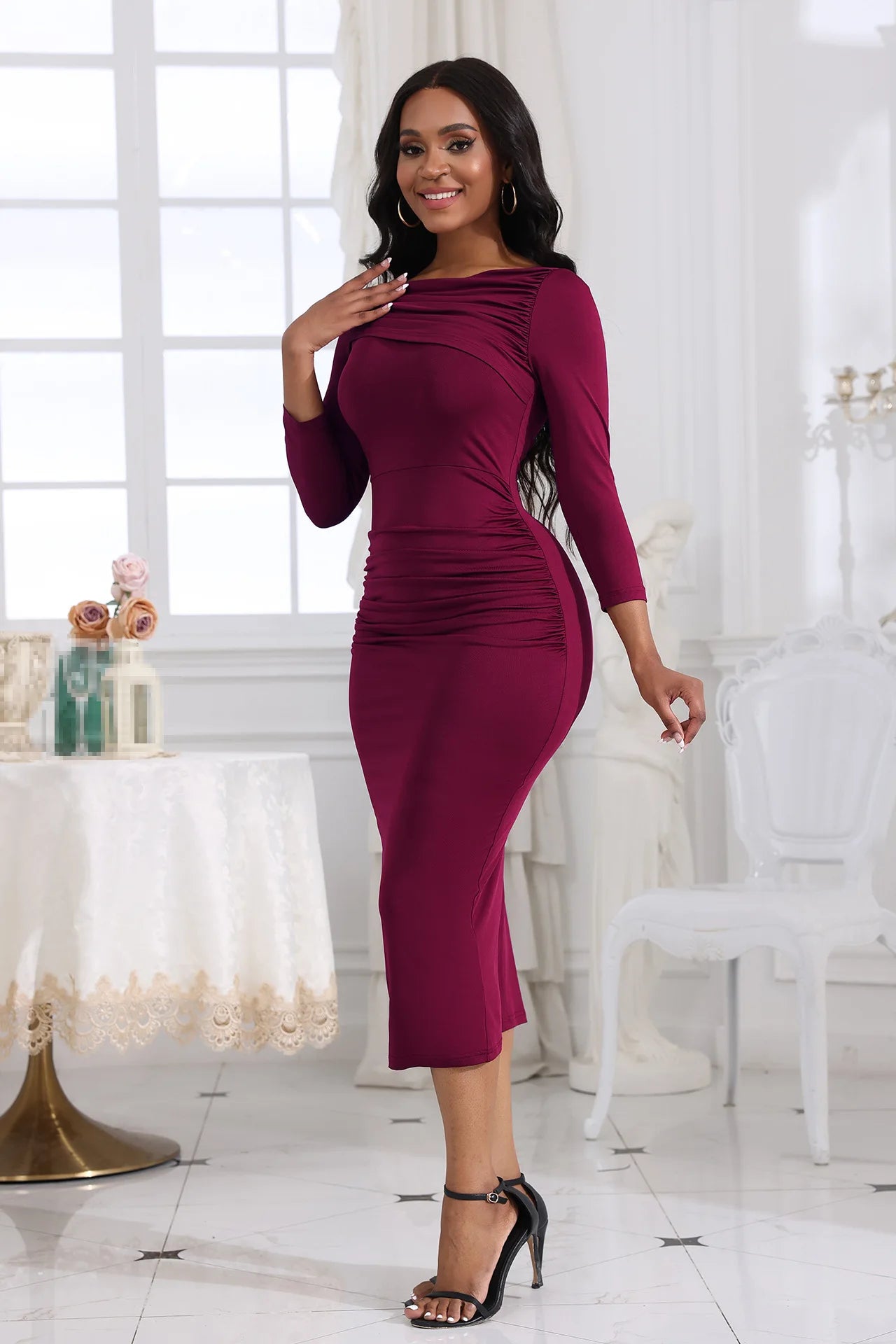 Ruched Bodycon Midi Dress – Wine Red