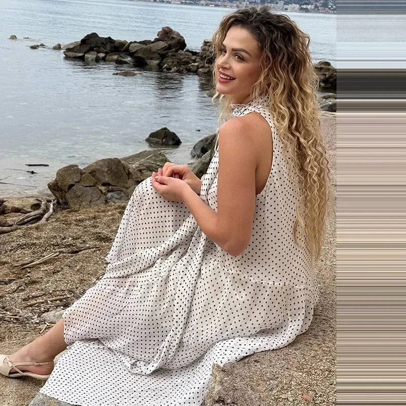 Polka Dot High Neck Swing Maxi Dress