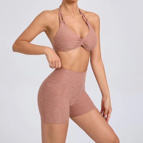 2 Pieces Sports Set Yoga Fitness Waist High Pockets for Raising Hip Shorts Backless Bra Suits Training Leggings Set for Women