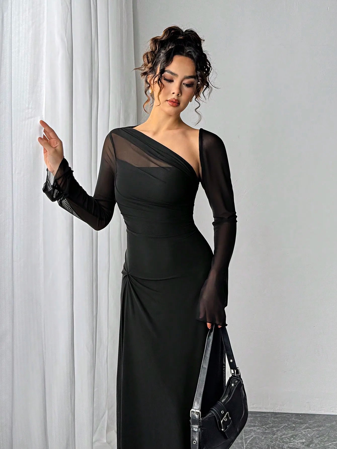 Asymmetrical Sheer Sleeve Evening Gown