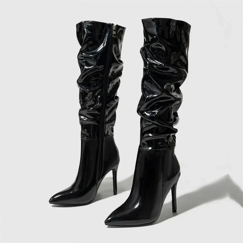 Sleek Patent Ruched Over-the-Knee Boots