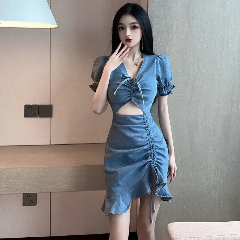 Lace-Up Cutout Denim Mini Dress