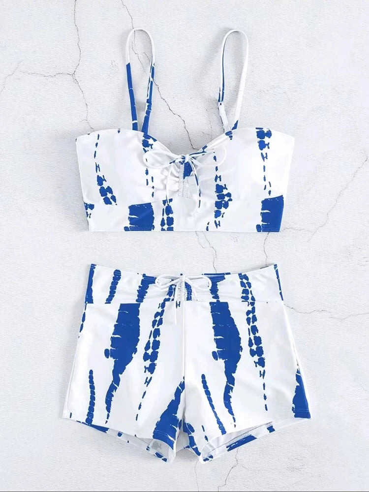 Striped Drawstring Bikini Set with Shorts