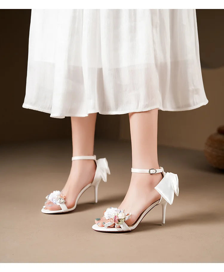 Floral Bow Ankle Strap Heels