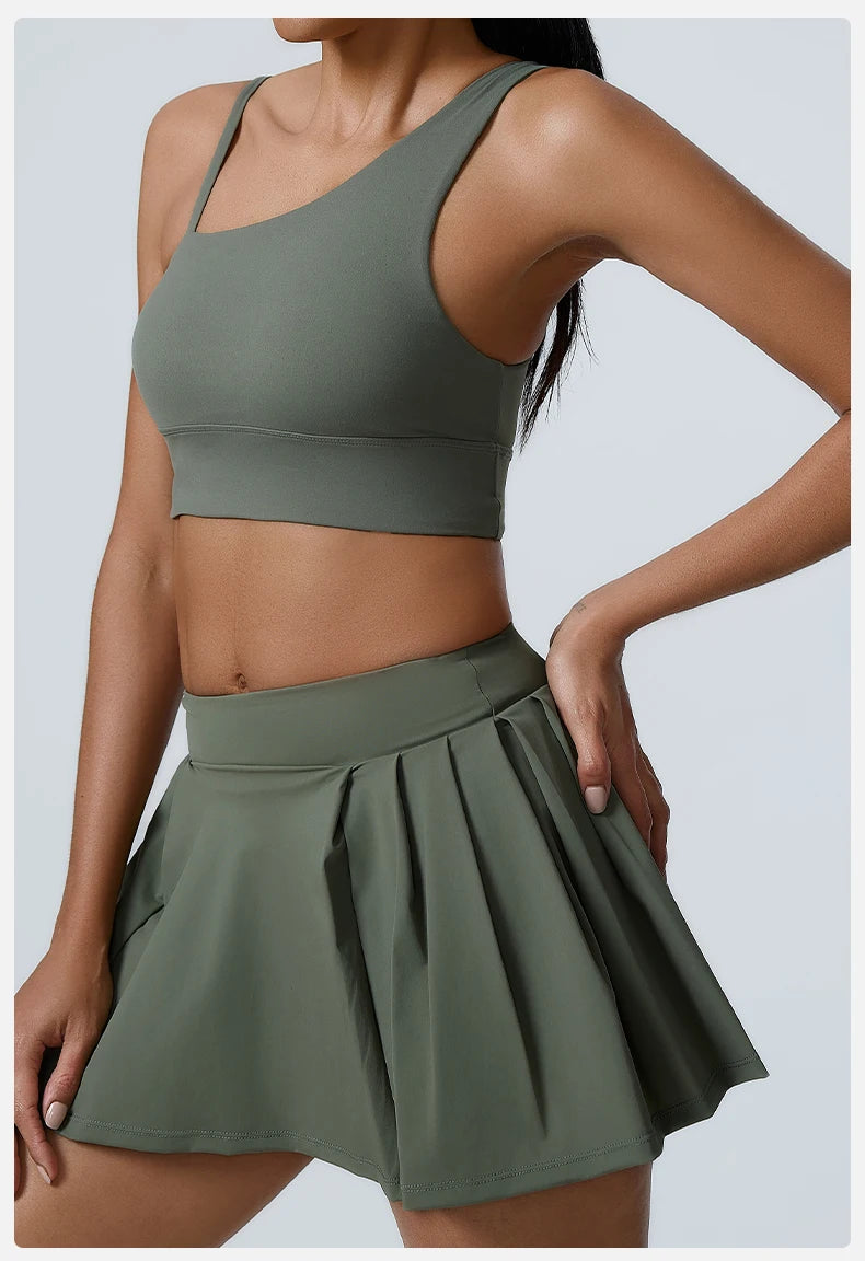 Asymmetric Sports Bra & Pleated Skirt Set