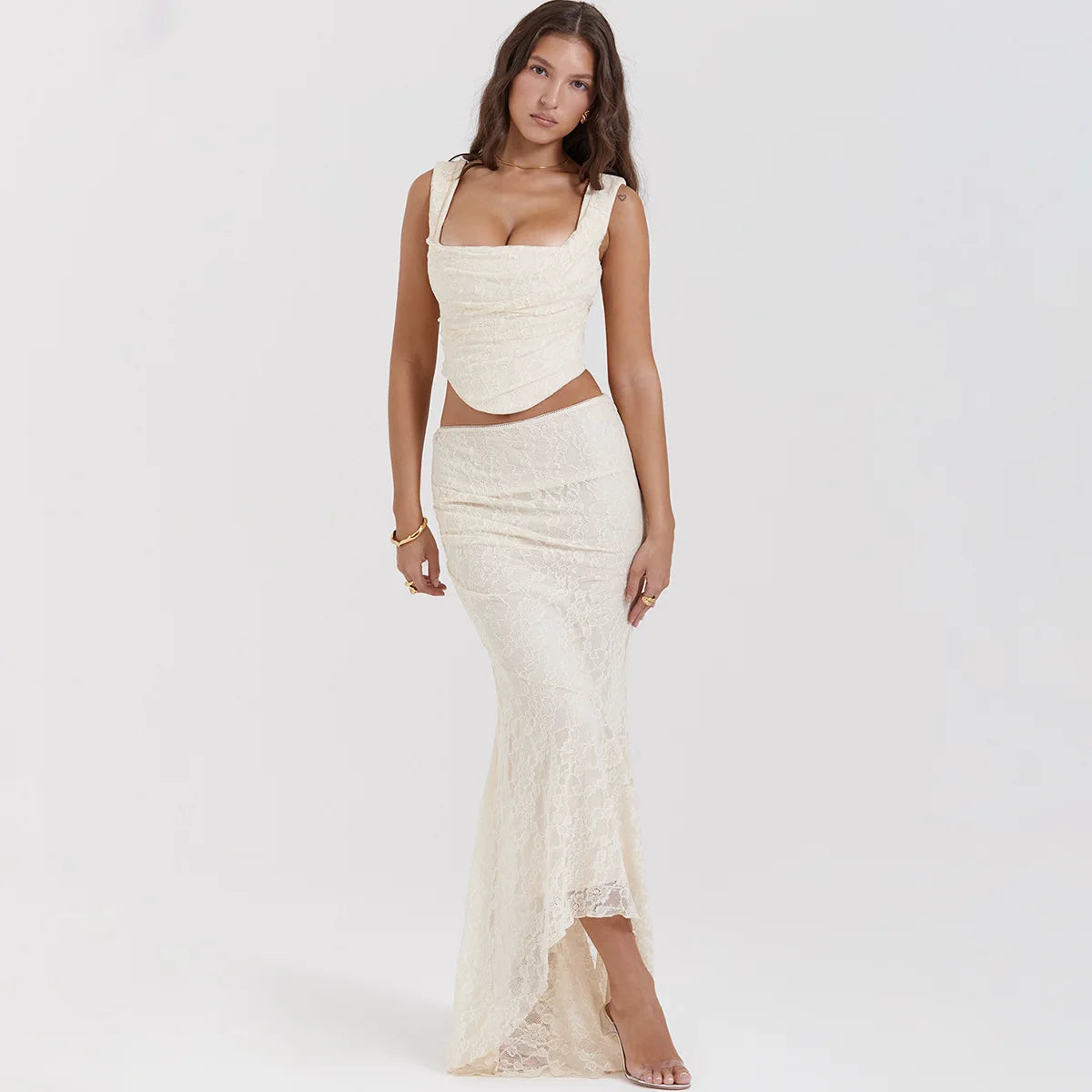 Lace Ruched Two-Piece Maxi Dress