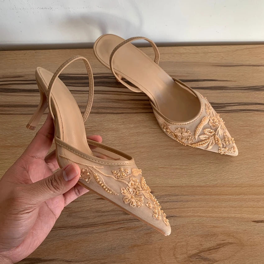Embroidered Slingback Kitten Heels