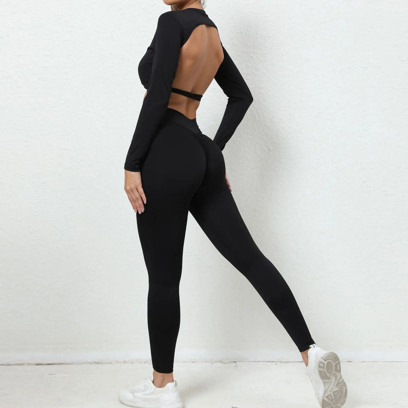 Open Back Long Sleeve & Ruched Leggings Set