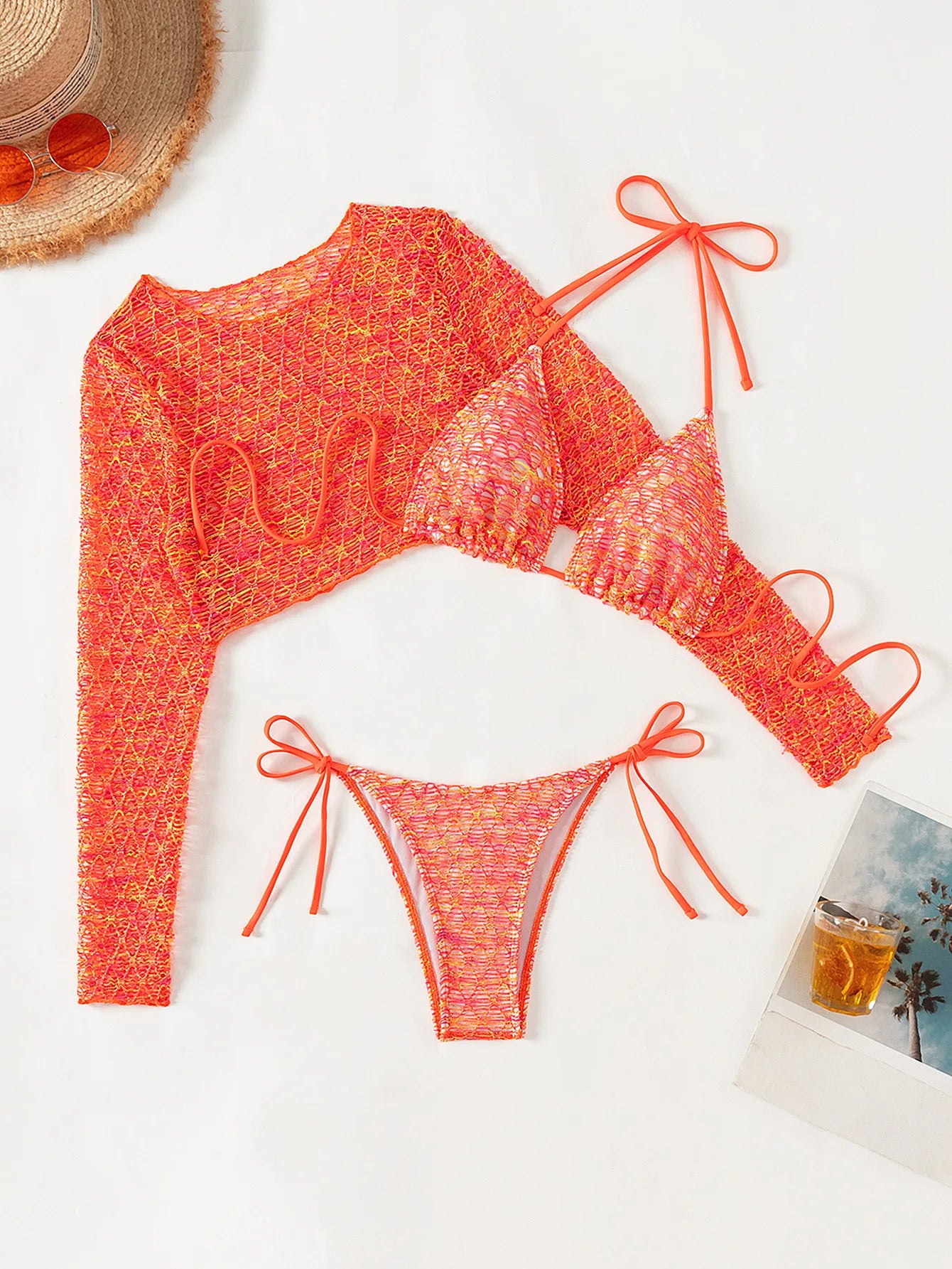 Neon Fishnet Long Sleeve Bikini Set