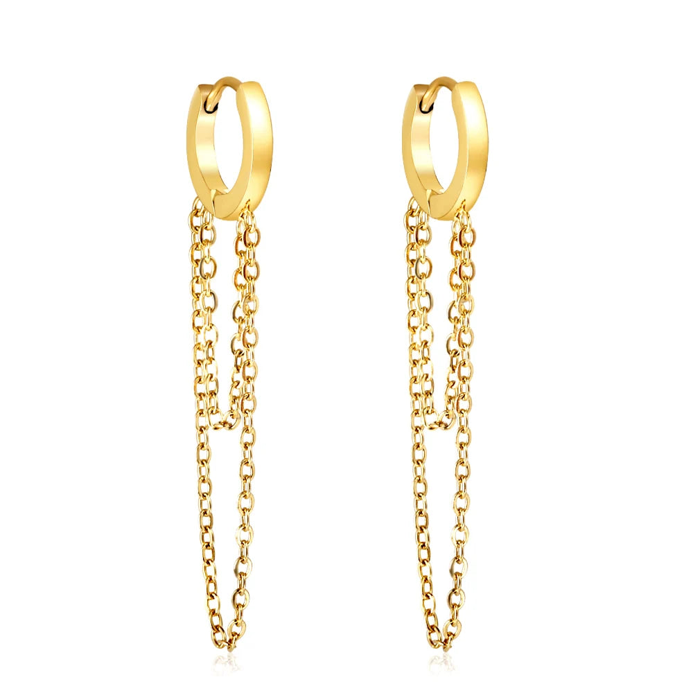 Gold Hoop Earrings with Double Chain Drop
