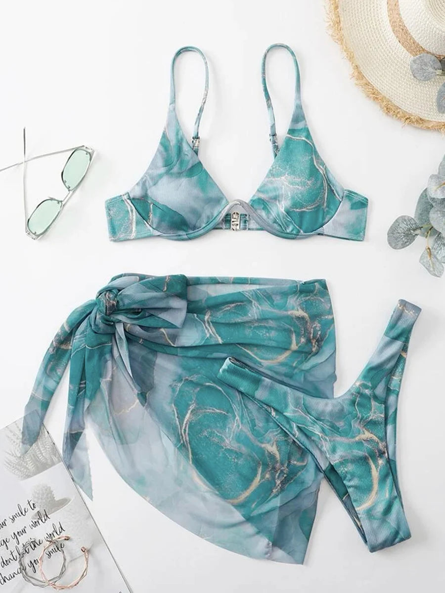 Marble Print Bikini with Sarong