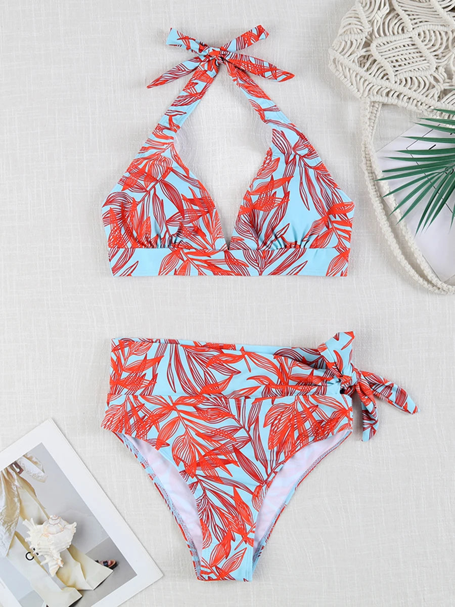 Swirl High-Waist Halter Bikini Set