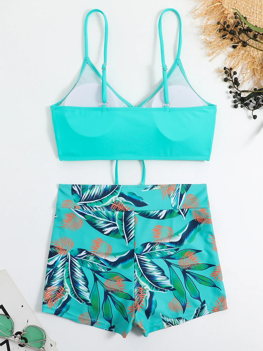 Striped Drawstring Bikini Set with Shorts