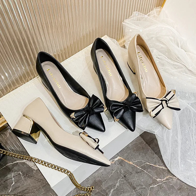 Bow Accent Block Heel Pumps