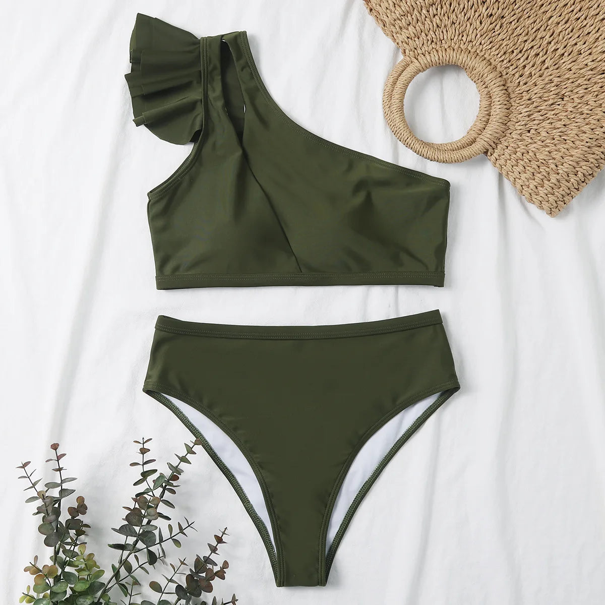 One-Shoulder Ruffle Bikini Set
