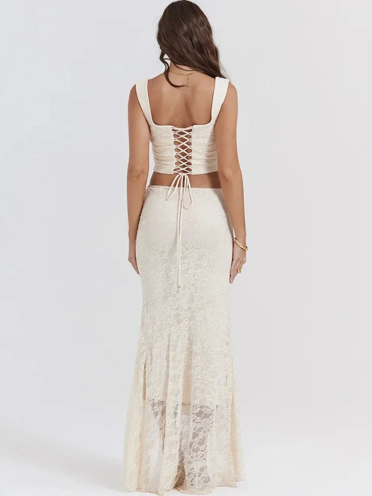 Lace Ruched Two-Piece Maxi Dress
