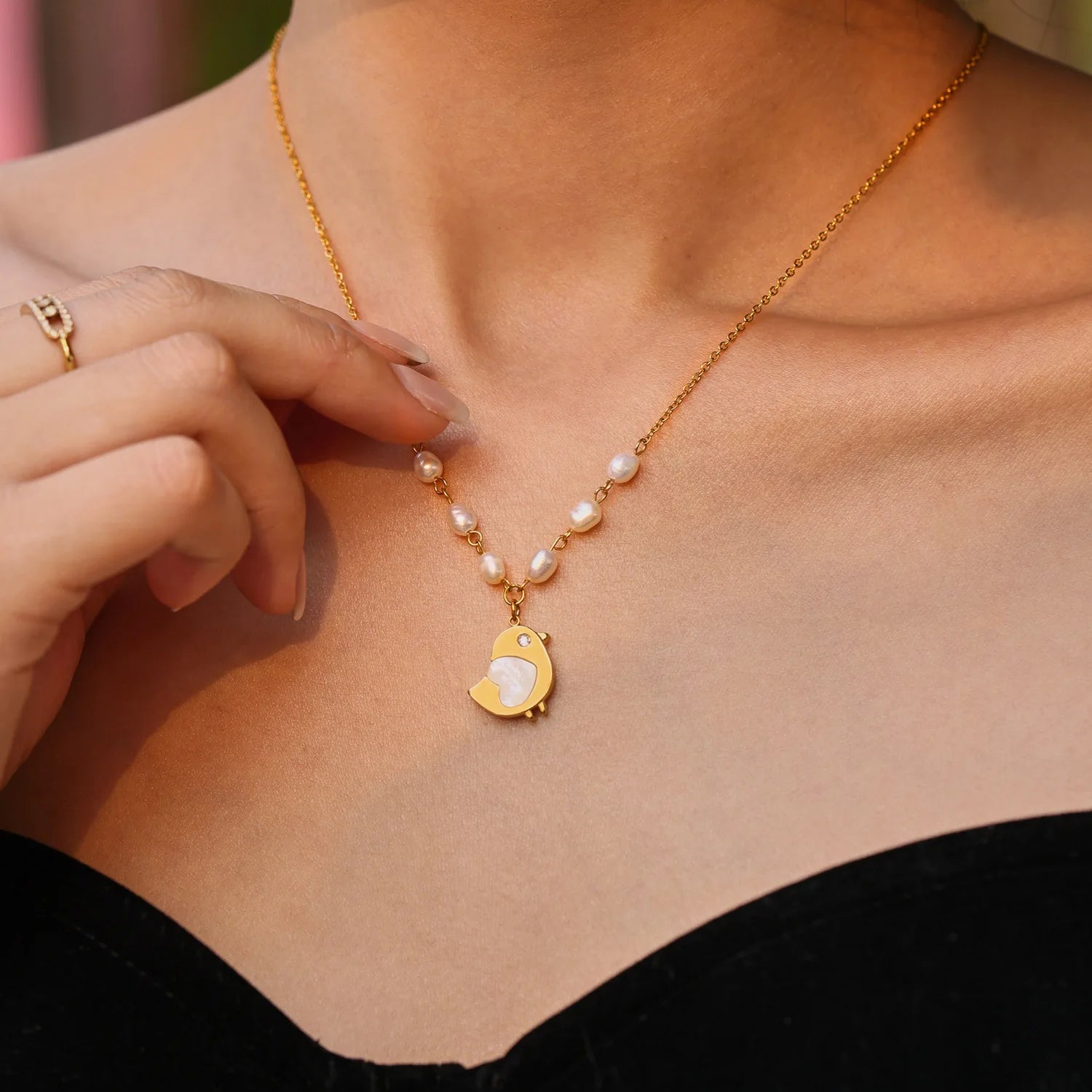 Pearl & Bird Charm Necklace