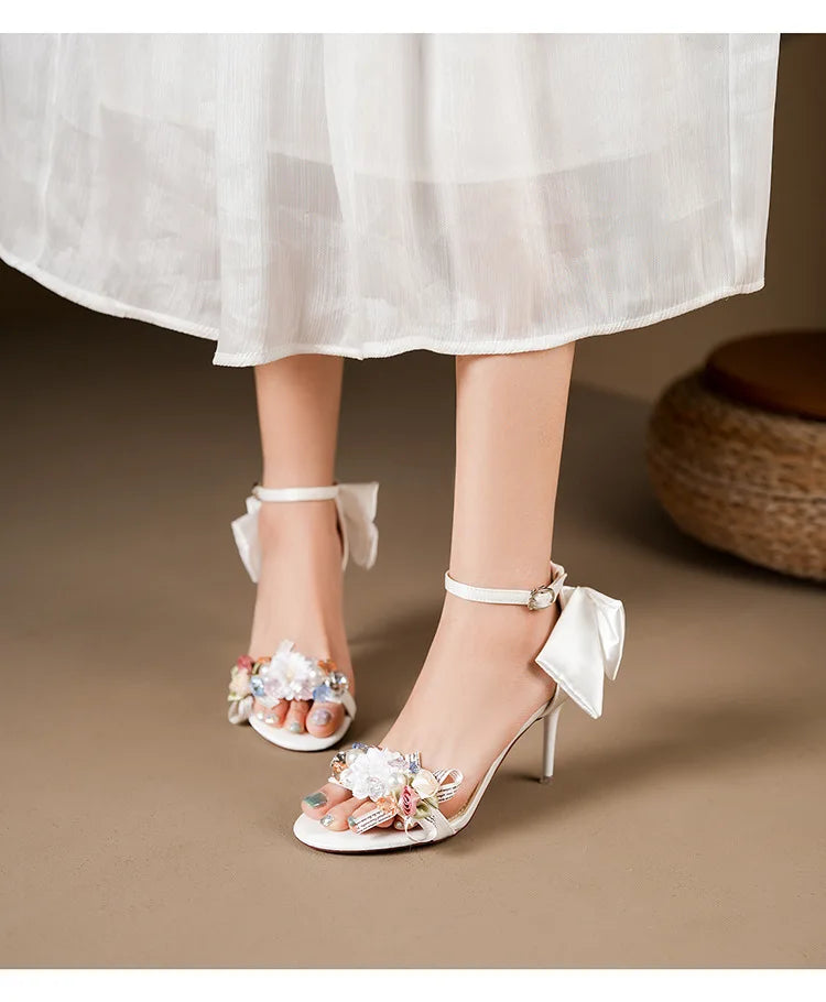Floral Bow Ankle Strap Heels