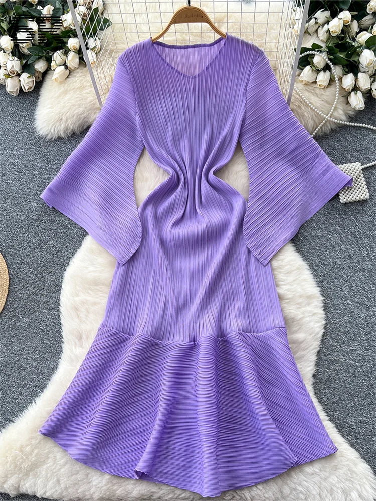 Pleated Flare Sleeve Midi Dress