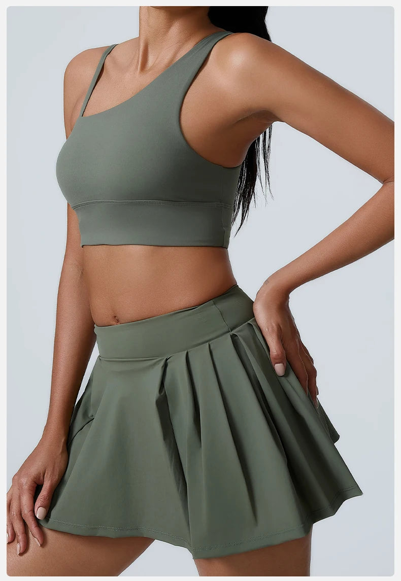 Asymmetric Sports Bra & Pleated Skirt Set