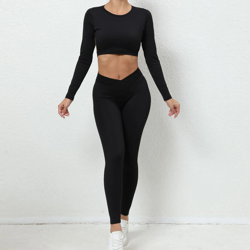 Open Back Long Sleeve & Ruched Leggings Set