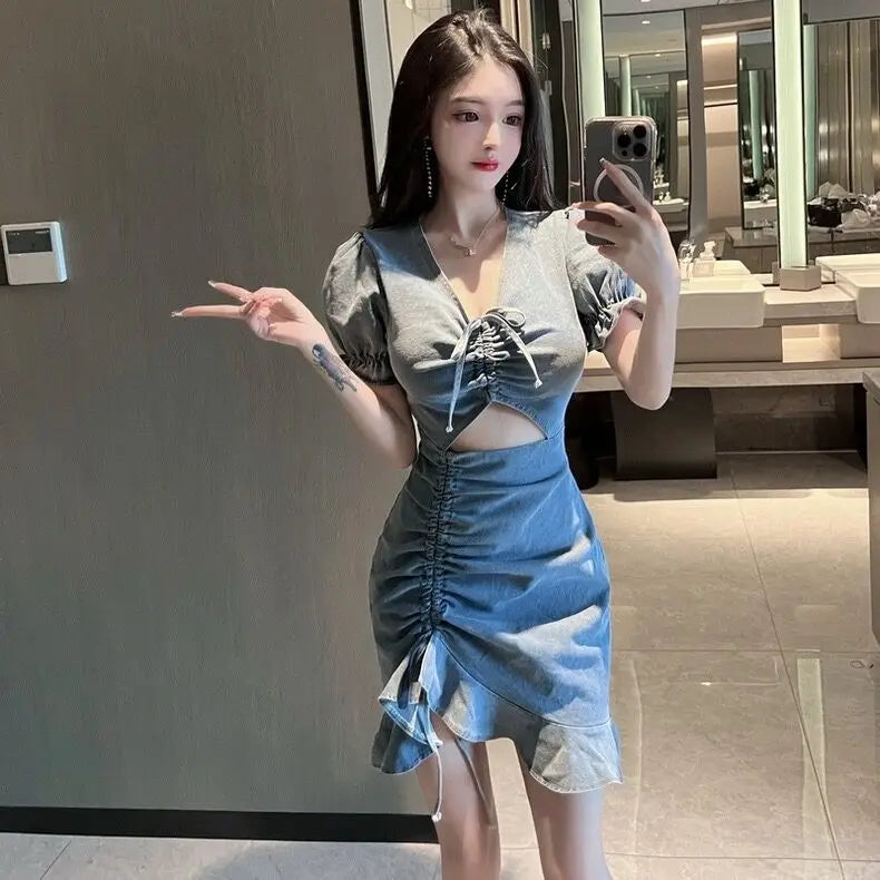 Lace-Up Cutout Denim Mini Dress